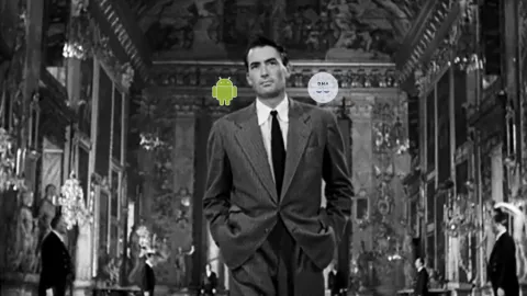 Gregory Peck leaving Palazzo Colonna with Android and the DMA over his shoulder.