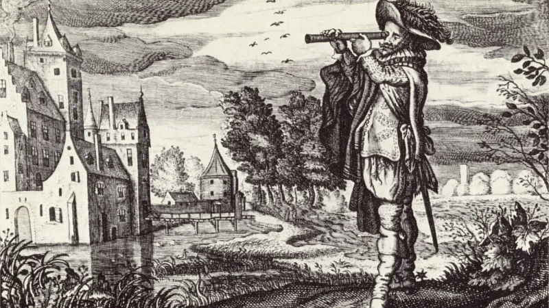 Early depiction of a ‘Dutch telescope’ from the “Emblemata of zinne-werck” (Middelburg, 1624) of the poet and statesman Johan de Brune (1588-1658). The print was engraved by Adriaen van de Venne, who, together with his brother Jan Pieters van de Venne, printed books not far from the original optical workshop of Hans Lippershey.