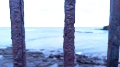 Three rusty bars in front of a hazy coastal view