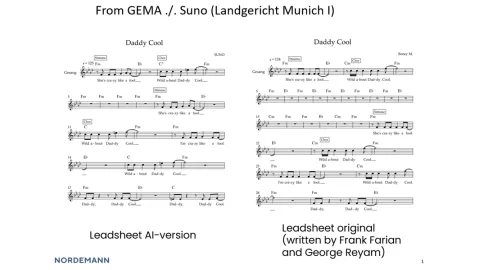original and an AI output leadsheet, example from the German case GEMA/SUNO