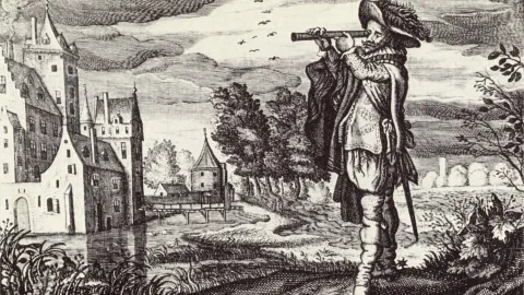 Early depiction of a ‘Dutch telescope’ from the “Emblemata of zinne-werck” (Middelburg, 1624) of the poet and statesman Johan de Brune (1588-1658). The print was engraved by Adriaen van de Venne, who, together with his brother Jan Pieters van de Venne, printed books not far from the original optical workshop of Hans Lippershey.