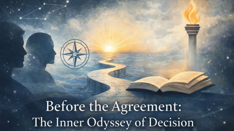 Conceptual illustration of an inner journey toward decision: silhouettes reflecting, a winding path across the ocean toward a sunrise, a compass and classical column symbolizing guidance, with the title “Before the Agreement: The Inner Odyssey of Decision.