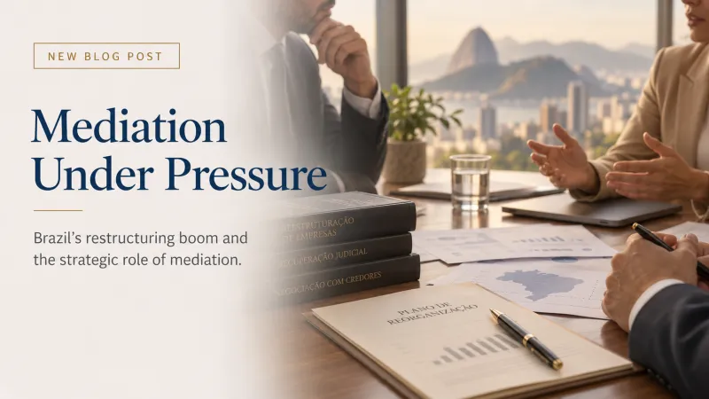 A corporate restructuring meeting in Rio de Janeiro, with professionals discussing around a table, legal and financial documents in the foreground, and the title “Mediation Under Pressure.”