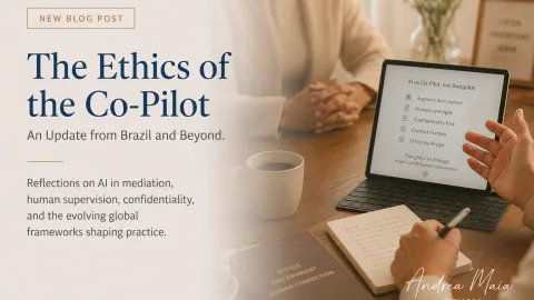 A warm-toned blog graphic showing a mediation meeting table with a laptop displaying AI ethics principles, alongside the title “The Ethics of the Co-Pilot” and text about AI in mediation, human supervision, confidentiality, and global frameworks.