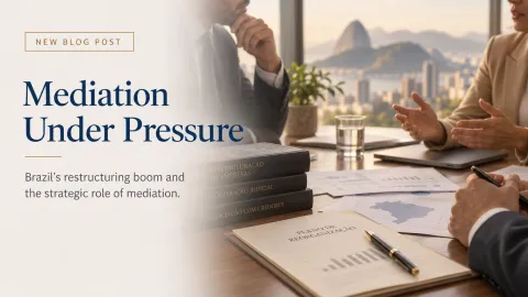 A corporate restructuring meeting in Rio de Janeiro, with professionals discussing around a table, legal and financial documents in the foreground, and the title “Mediation Under Pressure.”