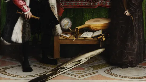 Detail of Holbein's The Ambassadors: a lower shelf with a globe, a lute with a broken string and an open hymnal, above a distorted skull stretched across the floor, legible only from an oblique angle.