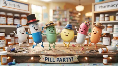 Medical pills with hats on