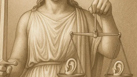 Justitia with balance and ears